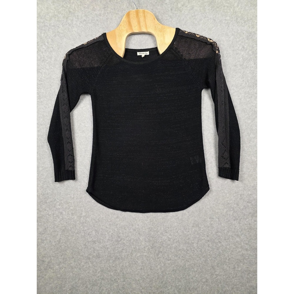 Y2K Miracle City Sweater Womens M/L Black Knit Lace‎ Panel Sheer Sleeve Pullover